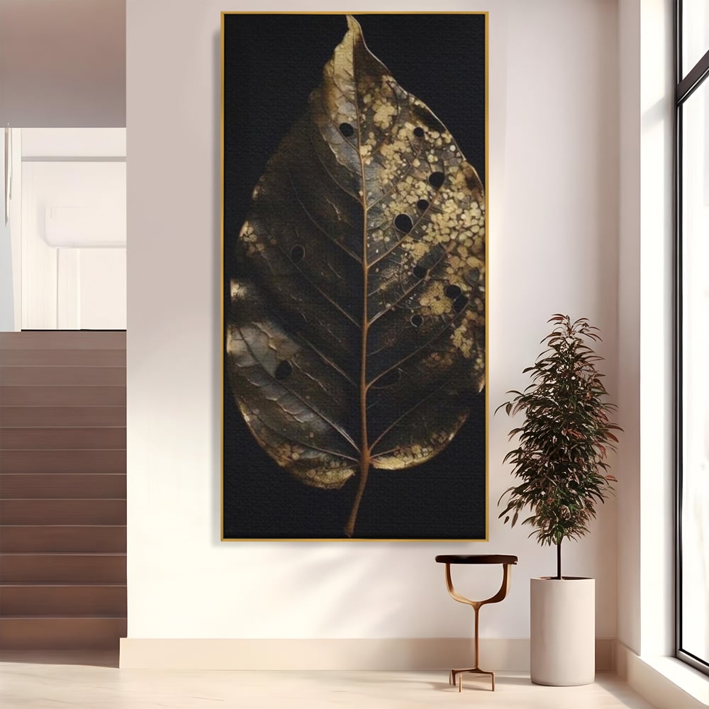 Tablou canvas cu tablou canvas cu frunza uscata, in rama de aluminiu auriu